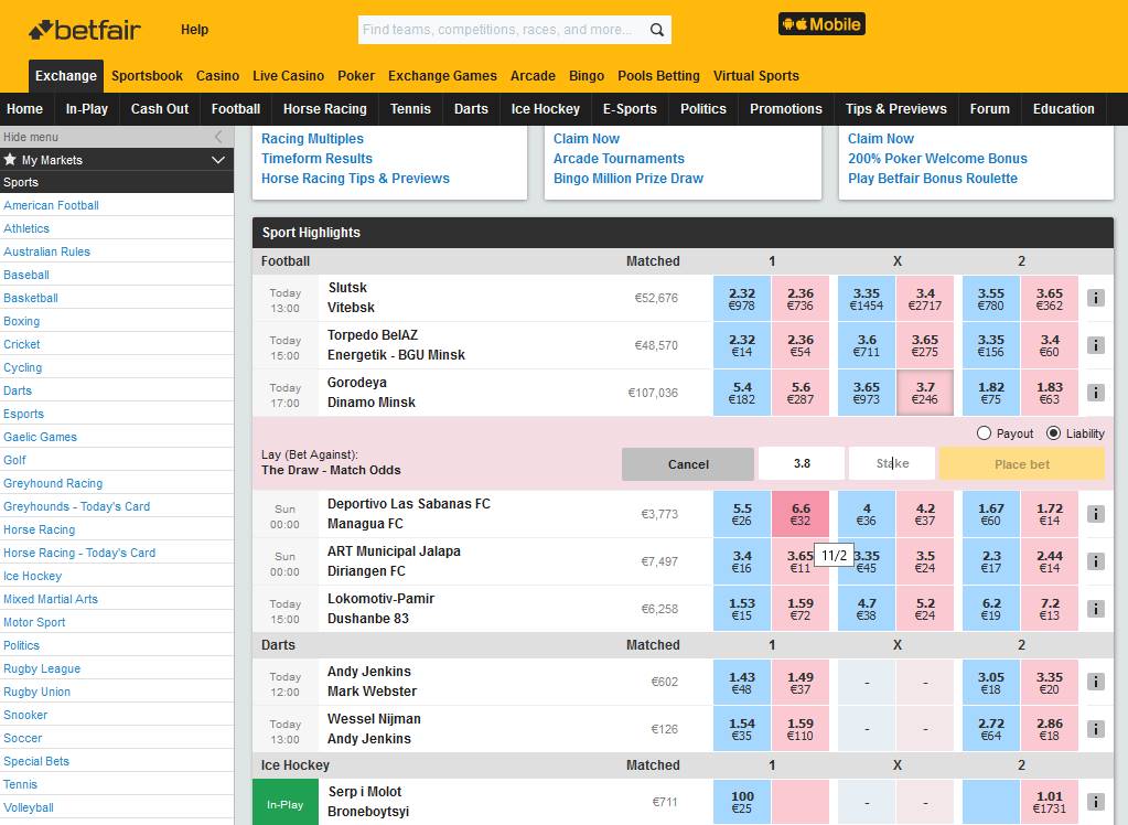 Vue générale de l’interface Betfair avant de choisir une rencontre